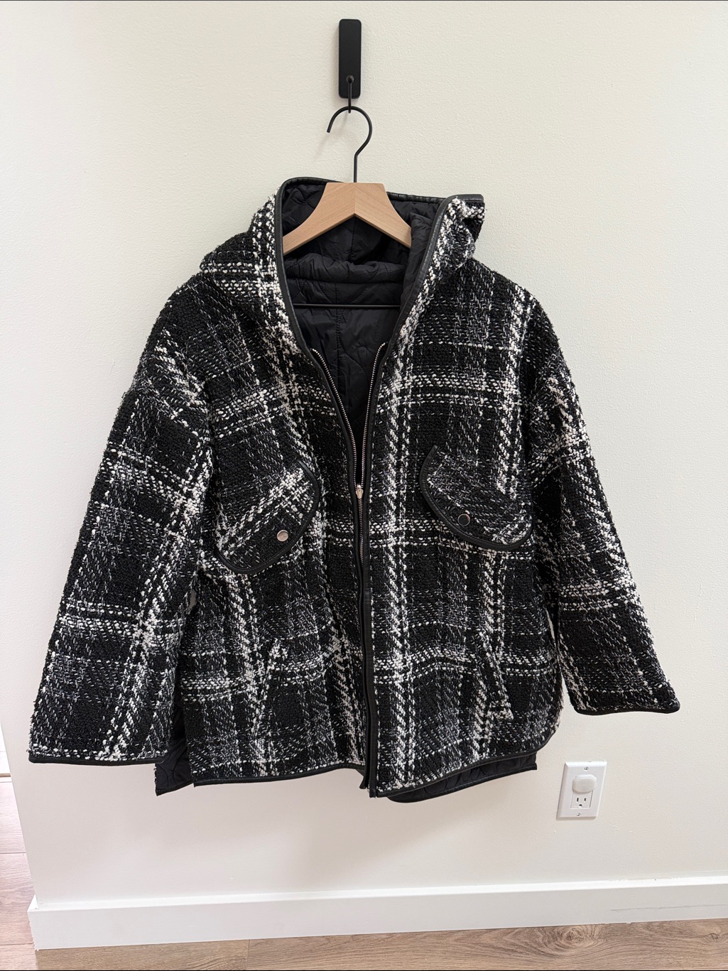 Maje Reversible Black And White Plaid Boucl Jacket